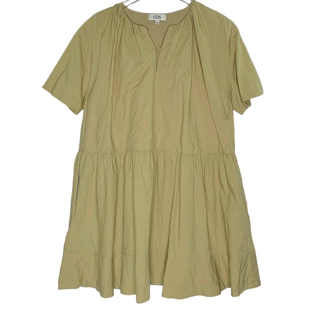 COS S Womens Khaki Tiered Oversized Mini Dress Pleated Short Sleeve Boho
